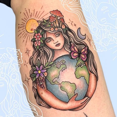 Mother Nature Tattoo | Tattoo Ideas and Inspiration Mother Earth Tattoo Color, Olivia Tattoo, Mother Nature Tattoo, Mother Earth Tattoo, Unique Half Sleeve Tattoos, Cosmic Tattoo, Earthy Tattoos, Earth Tattoo, Mother Nature Tattoos