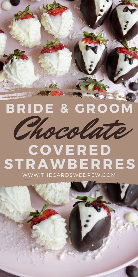 Engagement Chocolate Covered Strawberries, Bride And Groom Chocolate Strawberries, Chocolate Bridal Shower Theme, Chocolate Covered Strawberries Engagement Party, Bride And Groom Strawberries, Bride And Groom Desserts, Bridal Shower Dessert Recipes, Bridal Shower Strawberries, Chocolate Covered Strawberries Bridal