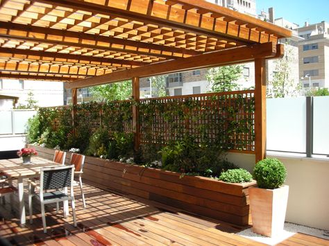 Pergola with wood planter box / trellis combination Wood Deck With Planter Boxes, Pergola Planter Boxes, Pergola With Planter Boxes, Privacy Planter Boxes, Pergola With Privacy Wall, Planter Boxes With Trellis, Ombra Pergola, Pergola Planter, Privacy Planter