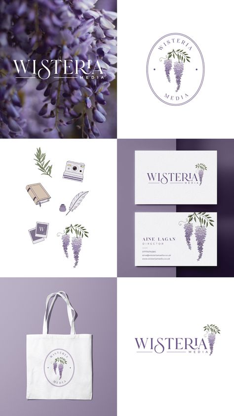 Brand identity designed for Wisteria Media - Marketing Agency by Beth’s Branding Co. Logo Design, Submark Design, Wisteria illustration, Mock Up, Typography, Business Card Design, Branding, Brand Identity #logodesign #illustration #wisteria #businesscarddesign #brandingpattern #brandingidentity #logo #submark #rebranding Lavender Branding, Wisteria Illustration, U Typography, Tailoring Logo Design Ideas, Submark Design, Lavender Logo, Tailor Logo Design, Sewing Logo Design, Logo Submark