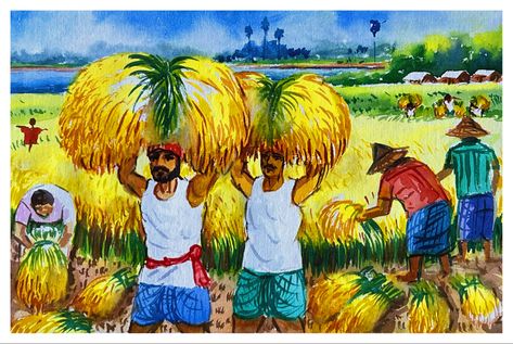 Farmer Painting Ideas, Farmer Drawing Easy, Farmers Drawing, Farmer Drawing, Subject Drawing, Farmer Painting, Village Scene Drawing, Drawing Pictures For Kids, Village Background