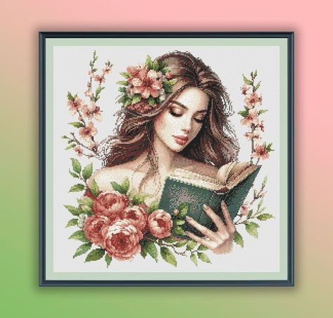 Watercolor Floral Bookworm Girl Counted Cross Stitch PDF Pattern, Modern Cross Stitch Chart, Hand Embroidery - Etsy Copy Print, Embroidery Patterns Vintage, Pattern Modern, Cross Stitch Fabric, Modern Cross, Modern Cross Stitch, Cross Stitch Chart, Watercolor Floral, Counted Cross Stitch