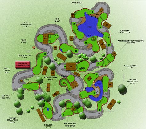 18 Hole Miniature Golf Course Design with theme elements How To Make A Mini Golf Course Putt Putt, Miniature Golf Course Ideas, Mini Golf Course Themes, Disc Golf Courses Design, Mini Golf Hole Ideas, Golf Hole Ideas, Luxury Glamping Ideas, Mini Golf Course Design, Backyard Mini Golf