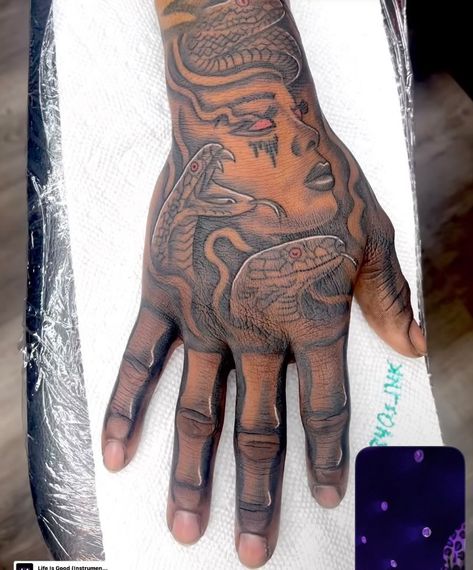 Hand Half Sleeve Tattoo, Bible Hand Tattoos, Snake Hand Tattoo Men, Hard Hand Tattoos Men, Hand Tattoos For Boys, Hand Tat Ideas, Hand Tattoos For Black Guys, Hood Hand Tattoos, Hand Tattoos For Black Men