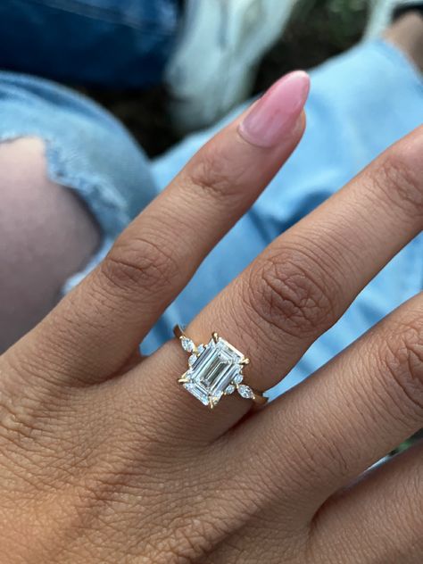 Gold Rectangle Engagement Ring With Extra Band, Rectangle Diamond Ring Gold, Gold Ring Rectangle Diamond, Rectangle Engagement Ring Yellow Gold, Elongated Radiant Engagement Ring Thick Band, Rectangle Engagement Rings, Dream Wedding Ring, Radiant Cut Engagement Rings, Emerald Cut Engagement