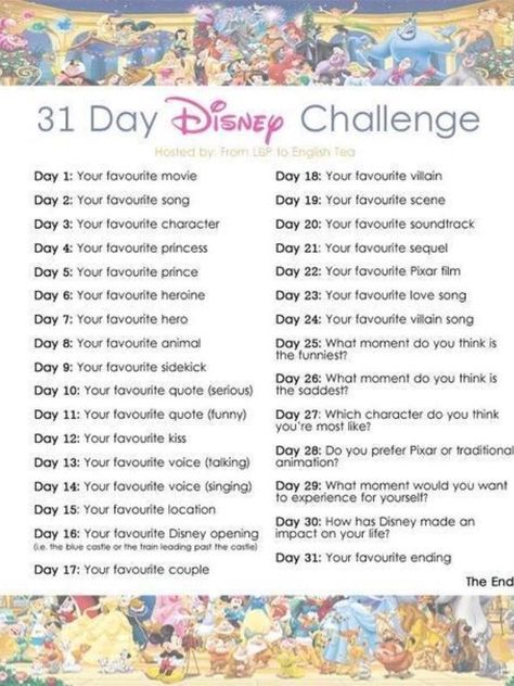 31 day Disney Challenge Disney Movies List, 30 Day Art Challenge, Disney Challenge, 30 Day Drawing Challenge, Lilo Und Stitch, Journal Challenge, Pixar Films, Disney Songs, Writing Challenge