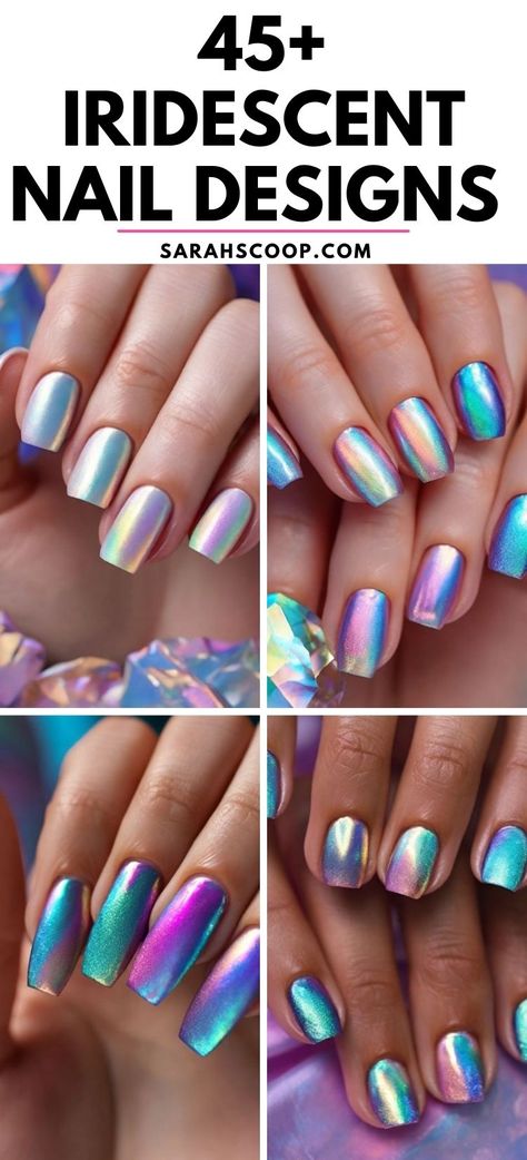 Shimmer in your unique shine with iridescent nails! ✨💅 #naildesigns #nailinspo Ombre Holographic Nails Almond, Iridescent Gel Nail Polish, Iridescent Christmas Nails, Iridescent Sparkle Nails, Irridecent Design Nails Short, Holo Nail Art, Shimmer Acrylic Nails, Irredecent Nail Designs, Iridescent Nail Designs