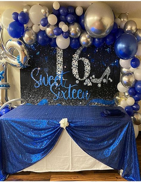 Sweet 16 Blue And White Theme, Blue Sweet Sixteen Decorations, Sweet Sixteen Party Ideas Blue And Silver, Sweet 16 Midnight Blue, Blue Sweet 16 Backdrop, Dinosaur Party Supplies, 17th Birthday Ideas, Happy 16th Birthday, 16 Birthday Cake