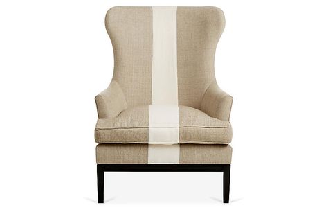 Calhoun Wingback Chair, Tan/Ivory Stripe - Wingback Chairs - Chairs - Living Room - Furniture | One Kings Lane Stripe Furniture, Linen Wingback Chair, Striped Furniture, Ivory Chair, Modern Wingback Chairs, Wingback Chairs, Striped Chair, Watercolor Fabric, Alder Wood