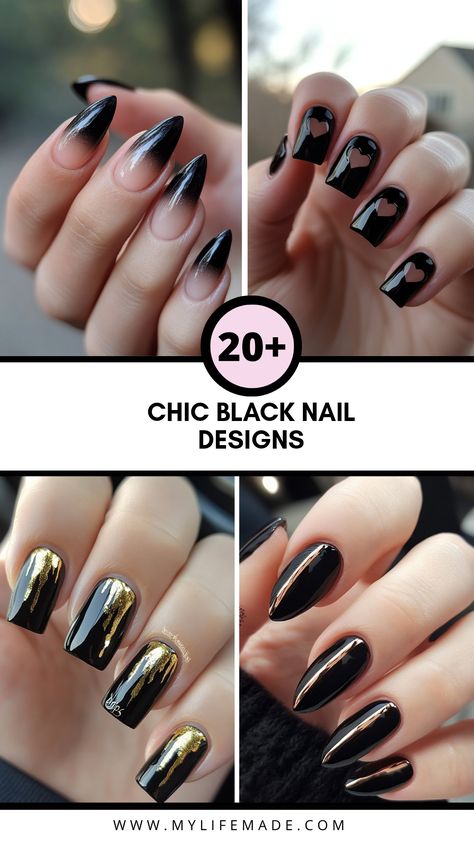 Explore the world of chic black nail designs that bring a timeless elegance to your style. Each design is unique, showcasing ideas that feature matte finishes, glossy looks, intricate nail art, and unique textures. Perfect for any occasion, from classy events to daily wear, black nails offer a sleek edge that's always in vogue. Whether you're looking for inspiration for a simple mani or something larger like nail art trends, these designs will help you stand out. Get ready to transform your nails into a stunning statement piece. Matte Black Nails Design Ideas, Black Glitter Nail Ideas, Classy Black Nail Designs, Black N Gold Nails, Matte Black Nail Ideas, Black Metallic Nails, Black Nail Inspo Short, Black Nail Trends, Classy Black Nails