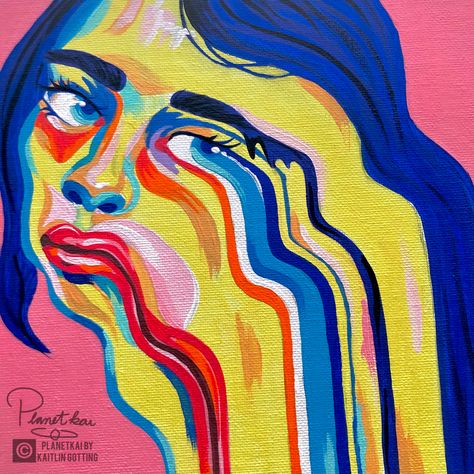 Girl’s face melting off the canvas. Colorful surrealism. Coral pink background. Blue hair. Acrylic on square canvas. Acrylic Painting Ideas Surrealism, Surreal Face Art, Melting Face Painting, Surrealism Painting Easy Acrylic, Stretched Face Art, Distorted Face Painting, Melting Art Drawing, Stretched Face Drawing, Face Melting Art