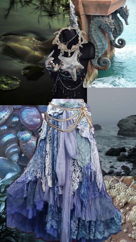 Blue Siren Outfit, Ocean Witch Aesthetic Fashion, Ocean Fairy Costume, Sea Witch Outfit Aesthetic, Deep Sea Outfit, Sea Witch Fashion, Sea Creature Outfit, Sea Nymph Costume, Sirencore Aesthetic Outfits