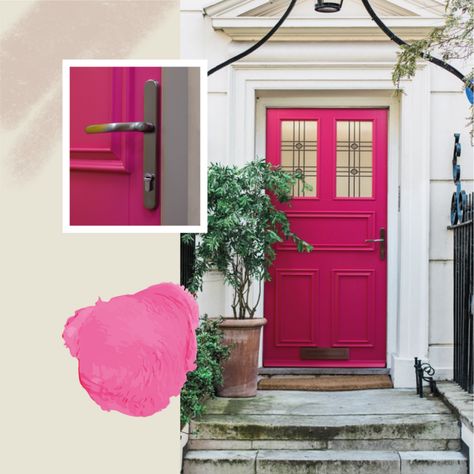 The Colour Experts: These 6 colours can transform the look of your home » ERW Raspberry Front Door Colors, Hot Pink Door Exterior, Magenta Door, Red Wall Paint, Inside Front Door, Stairs Colours, Pink Front Door, Front Door Paint Colors, Stucco Homes