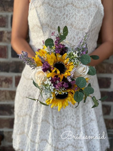 Purple Sunflower Bouquet, Sunflower And Lavender Wedding, Sunflower Centerpieces Wedding, Purple And Sunflower Wedding, Purple Sunflowers, Wedding Bouquet Purple, Sunflower Wedding Centerpieces, Woods Wedding, Rustic Sunflower Wedding