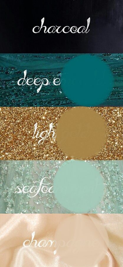 Wedding colors: Charcoal, Teal, Light Gold, Seafoam Mint, Champange Teal And Gold Color Scheme, Navy Teal Gold Color Palette, Teal And Gold Palette, Colors That Go With Teal Bedroom, Dark Teal Copper Color Palette, Teal Charcoal Color Palette, Teal Gold Black Bedroom, Turquoise Gold Living Room, Teal Gold Brown Living Room