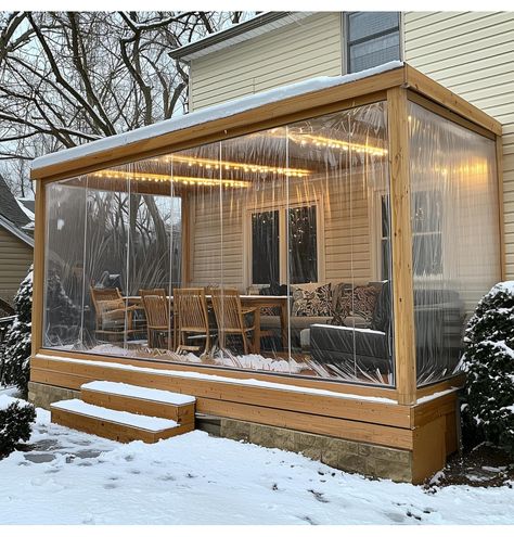 Winter Patio Ideas Cold Weather, Deck Curtains, Winter Deck, Enclosed Gazebo, Outdoor Patio Diy, Winter Nature, Covered Decks, Backyard Retreat, Clear Vinyl