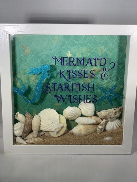 Beach Theme Shadow Box Ideas, Shadow Box Ideas With Sea Shells, 3d Shadow Box Cricut Ocean, Beach Art Diy, Shadow Box Mermaid, Beach Shadow Boxes, Seashell Shadow Boxes, Shells In Shadow Box Frame, Shadow Box Gifts