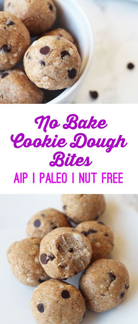 No-Bake Cookie Dough Bites (AIP, Paleo, Nut Free) - Unbound Wellness Autoimmune Protocol Diet Recipes, Aip Snack, Aip Snacks, Aip Diet Recipes, Autoimmune Protocol Recipes, Unbound Wellness, Autoimmune Paleo Diet, No Bake Cookie Dough, Autoimmune Recipes