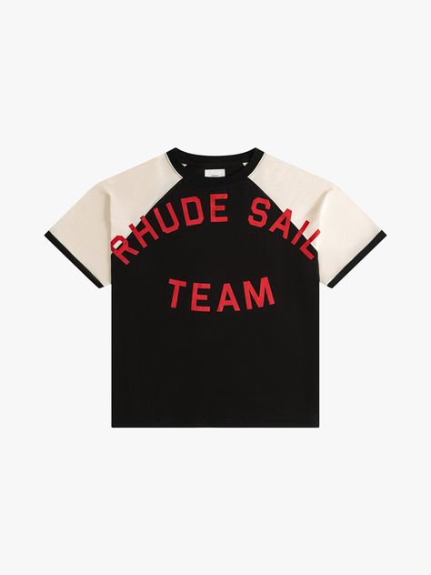 Premium tee crafted from soft, lightweight fabric. Rhude Sail Team jersey graphic showcased on the front. Features a comfortable and relaxed custom Rhude fit. The stripe design on the sleeves adds a sporty touch to this classic short sleeve.    100% COTTON JERSEYDRY CLEAN ONLYWE RECOMMEND TAKING YOUR STANDARD SIZE 90s Sport, College T Shirts, Graphic Apparel, Team Jersey, Raglan Shirts, Raglan Tee, Team Shirts, Mens Tee Shirts, Jersey Shirt