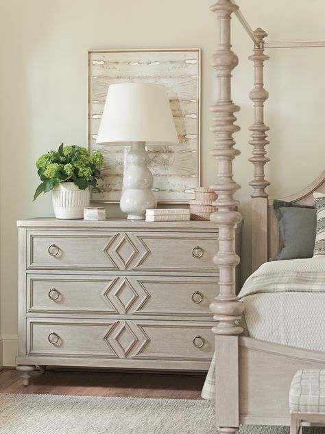 Farmhouse Addition, Nightstand Decor, Barclay Butera, Lexington Home, 3 Drawer Dresser, Upholstered Panels, Bedroom Dressers, Dressers And Chests, 3 Drawer