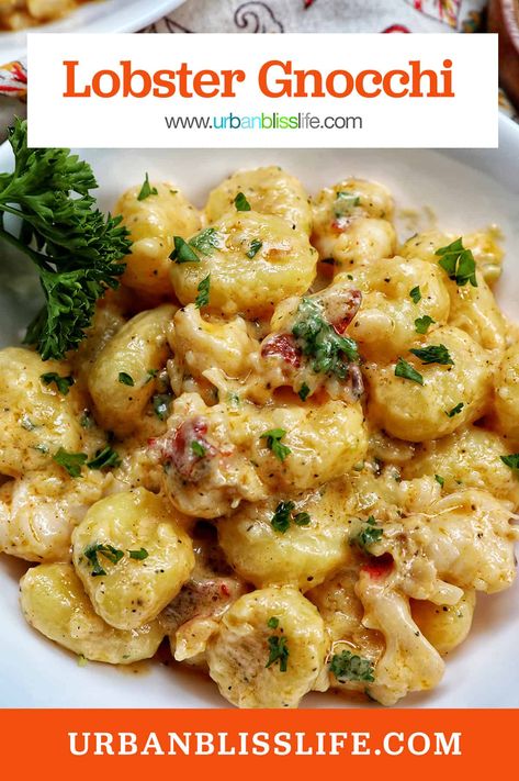 This Creamy Lobster Gnocchi recipe is the ultimate date night dinner that is easy to make at home! Get the recipe for this restaurant quality dish at UrbanBlissLife.com. Lobster Gnocchi Recipes, Gnocchi Seafood Recipes, Gnocchi In Vodka Sauce, Gnocchi With Vodka Sauce Cream, Langostino Tails Recipe, Spicy Vodka Gnocchi, Gnocchi Dishes, Creamy Crab, Seafood Pasta Recipes