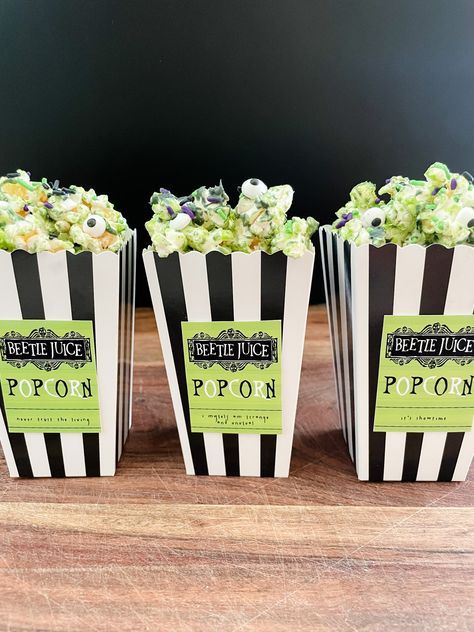 BEETLEJUICE POPCORN Beetlejuice Popcorn, Beetlejuice Date Night, Beetlejuice Themed Desserts, Frankenweenie Food Ideas, Beetlejuice Treat Ideas, Beetlejuice Dinner Party Food, Beetlejuice Birthday Party Food, Beetlejuice Snack Ideas, Beetlejuice Dessert Ideas