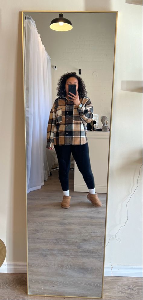 Black tights, comfy outfit, aritzia butter, beige outfit, flannel outfit, ultra mini uggs, mini uggs outfit Uggs And Flannel Outfit, Black Uggs Outfit, Mini Uggs Outfit, Uggs Mini, Ultra Mini Uggs, Comfy Work Outfit, Mini Uggs, Flannel Outfit, Flannel Outfits