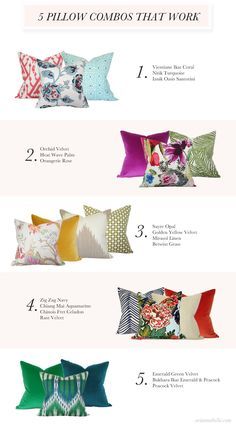 Pillow Combos That Work - colorful mix Throw Pillow Groupings, Styling Pillows On Couch, Vibeke Design, Pillow Combos, White Decorative Pillows, Smart Tiles, Throw Pillows Living Room, Pillow Arrangement, Bantal Sofa