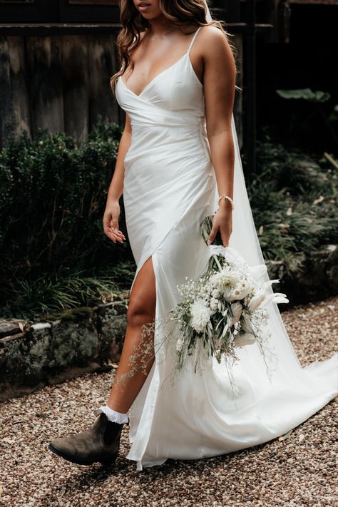 Wedding Dress With Blundstones, Blundstone Wedding Dress, Blundstone Bride, Blundstone Wedding, Dress And Blundstones, Boots Wedding, Prairie Wedding, Bush Wedding, Rm Williams