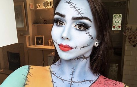 Sally Halloween Costume Diy, Sally Makeup Nightmare Before Christmas Make Up, Sally Easy Makeup, Sally Kids Makeup, Jack And Sally Face Paint, Nbc Sally Makeup, Sally Make Up Nightmare Before Christmas, Jack The Pumpkin King Makeup, Sally Diy Costume Women