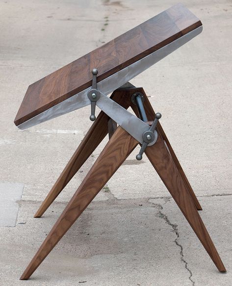 The New Collar Drafting Table, custom-created for a local artist, in walnut, $3,500. | A young couple with an old-school work ethic crafts furniture for the long haul. Vintage Drafting Table, Drafting Tables, Art Studio Room, Drafting Table, Drawing Table, Colorado Homes, Steel Furniture, Work Table, Industrial Furniture