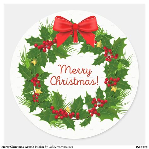 Merry Christmas Wreath Sticker | Zazzle Christmas Stickers Printable, Christmas Printable Labels, Peace Sticker, Merry Christmas Printable, Xmas Sticker, Merry Christmas Wreath, Merry Christmas Yall, Christmas Cake Topper, Merry Christmas Background