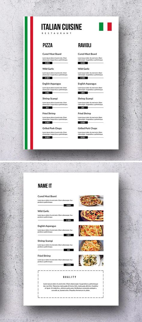 Italian Cuisine Elegant Single Page Food Menu Template PSD Menu Design Italian Restaurant, Italian Menu Template, Italy Menu Design, Italian Menu Design Ideas, Italian Food Menu Design, Italian Restaurant Menu Design, Italian Menu Design, Menu Branding, Italian Food Menu