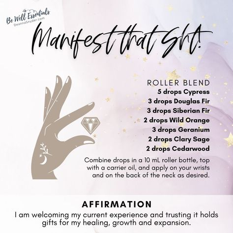 Manifestation seems to be all the rage these days. And well, I would say for pretty good reason. Have you ever heard the expression “what you focus on expands.” This blend will take your thoughts and ideas and help make them a reality. 🌟 Manifest that Sht! Roller Blend In a 10 mL roller bottle combine: 💧5 drops Cypress 💧3 drops Douglas Fir 💧3 drops Siberian Fir 💧2 drops Wild Orange 💧3 drops Geranium 💧2 drops Clary Sage 💧2 drops Cedarwood Top with carrier oil and apply on your wrists and Carrier Oil Benefits, Body Oil Recipe, Essential Oil Perfumes Recipes, Roller Bottle Recipes, Siberian Fir, Essential Oil Diffuser Blends Recipes, Perfume Recipes, Magic Herbs, Essential Oils Health