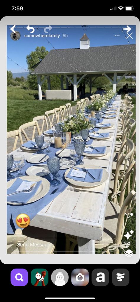 Blue And White Brunch Table, Picnic Birthday Party Blue, Blue And White Outdoor Table Setting, Blue And White Graduation Party Ideas Table Decorations, Blue Picnic Theme Party, Blue Party Ideas Decoration, Graduation Party Ideas Blue And White, Hamptons Party Theme, Hamptons Theme Party