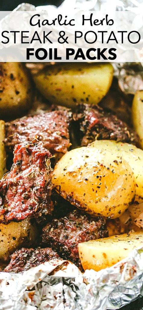 Garlic Herb Steak, Potato Foil Packets, Foil Packet Potatoes, Steak And Potatoes, Foil Pack Dinners, Foil Packet Dinners, Steak Potatoes, Foil Dinners, Foil Pack Meals