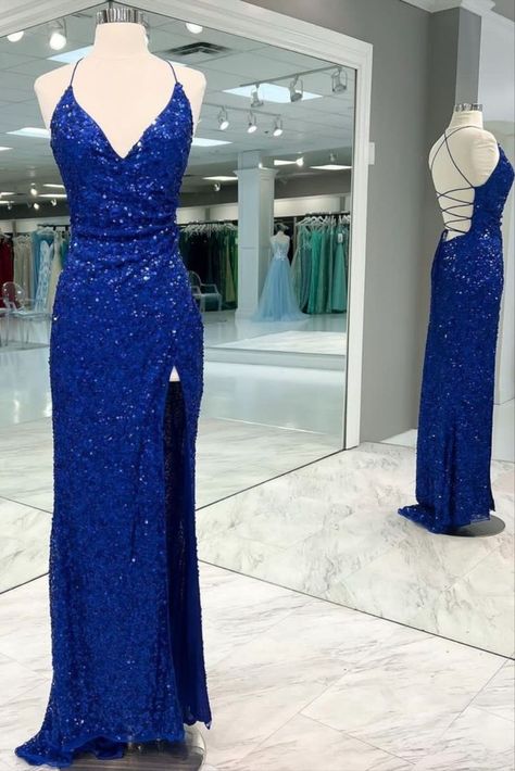 royal blue mermaid sequin dress Blue Grad Dresses, Royal Blue Ball Gown, Blue Hoco Dress, Sparkly Ball Gown, Prom Trends, Backless Sequin Dress, Glitter Prom Dresses, Fitted Prom Dresses, Mermaid Prom Dresses Lace