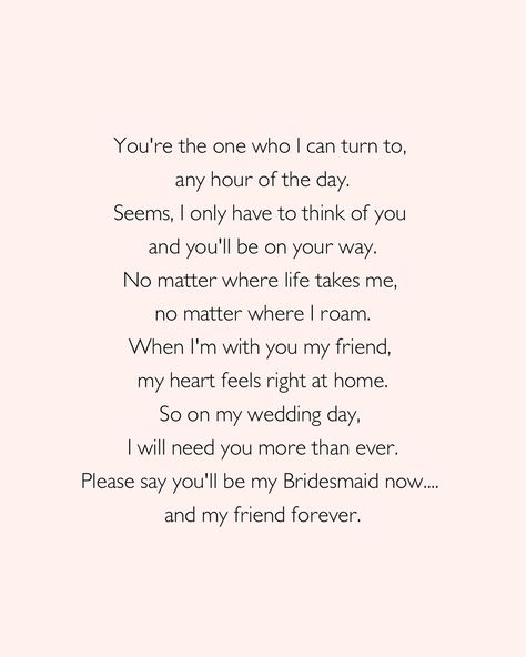 If you’re anything like me and can never think of what to say when it comes to saying it, here are the 5 most requested Bridesmaid proposal poems to help you with your proposal cards. 🥰 #bridesmaidcards #proposalcards #proposalideas Letters To Bridesmaids From Bride, Moh Speech Best Friend, Proposal Poems, Bridesmaid Proposal Quotes, Bridesmaid Proposal Letter, Bridesmaid Poems, Bridesmaid Quotes, Bridesmaid Letter, Proposal Quotes