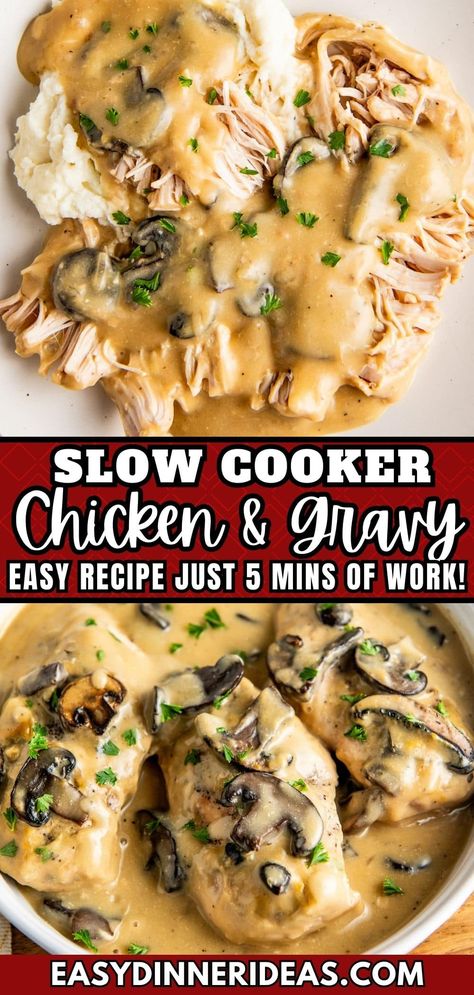 Juicy chicken breasts smothered in a rich and creamy mushroom gravy make this super easy crockpot chicken and gravy recipe a go-to family favorite. Serve this creamy, ultra-tender chicken and gravy over mashed potatoes or rice and watch how quickly it disappears! Easy Crockpot Chicken And Gravy, Crock Pot Smothered Chicken, Mushroom Chicken Crockpot, Crockpot Chicken Gravy, Potato Recipes Crockpot, Creamy Mushroom Gravy, Cream Of Onion Soup, Creamy Crockpot Chicken, Cream Of Mushroom Chicken