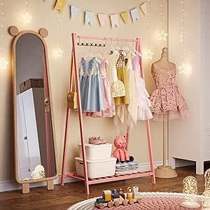 Dress Up Rack, Dress Up Area, Bookshelf Table, Kids Clothing Rack, Pink Clothing, Hanging Hats, Long Clothes, Metal Dress, Kids Garments