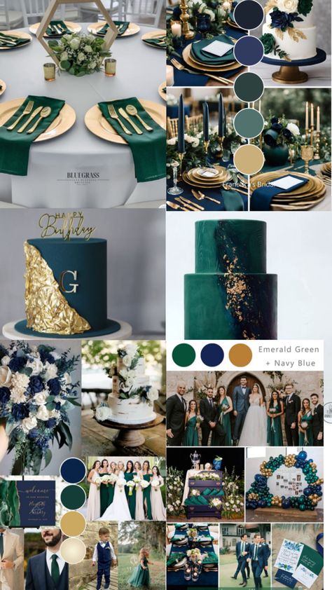 Navy Blue Forest Green Gold Wedding, Navy And Emerald Wedding Party, Emerald And Blue Color Palette, Emerald And Aquamarine Wedding, Emerald And Sapphire Wedding Theme, Emerald Green Navy Blue And Gold Wedding Decor, Emerald Green Navy Blue Wedding, Blue Green Gold Wedding Colors, Navy Blue Emerald Green Wedding