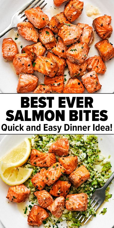 Salmon bites on a white plate topped on vegetables Meals To Make With Salmon, Low Carb Salmon Dinner Recipes, Salmon Diet Recipes, Salmon Cubed Recipes, Chicken And Salmon Dinner, Salmon Tips Recipe, Salmon Lunch Box Ideas, Quick And Healthy Meal Prep, Salmon Ideas Healthy