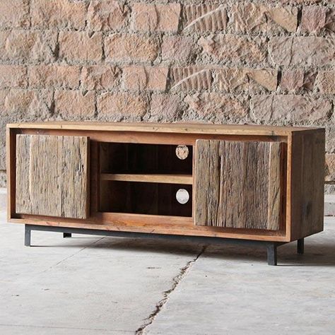 Ashburnham Reclaimed Wood TV Unit - Modish Living Reclaimed Wood Tv Unit, Shelf Tv Unit, Rustic Tv Unit, Tv Stand Rustic, Industrial Furniture Design, Reclaimed Wood Tv Stand, Shelf Tv, Wood Tv Unit, Oak Tv Stand