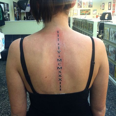 Tattoos For Women Roman Numerals, Numerals Tattoo, High Tattoo, Vertical Tattoo, Back Tattoo Women Spine, Roman Tattoo, Roman Numeral Tattoos, Girl Back Tattoos, Roman Numbers