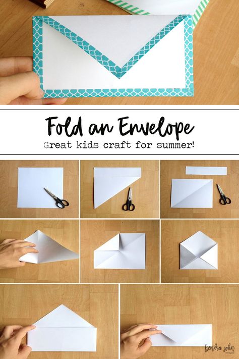 Fold an Envelope out of Paper - A Fun Kids Craft idea for Summer #easycraft #papercraft #summercraft #forkids Paper Envolpe, How To Make An Envelope Out Of Paper Rectangle, Folding An Envelope Out Of Paper, How To Make A Evenlope, How To Make Envolpes, Make Envelopes Out Of Paper, Envolpes Ideas Diy, Envolpes Design, Making An Envelope Out Of Paper