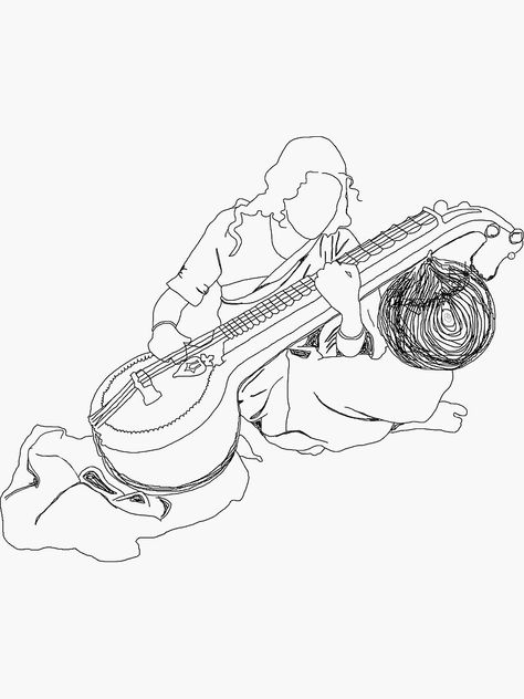 "Sitara . Heritage " Sticker by kesiyajohny | Redbubble. Line art of woman playing the sitar, an traditional indian musical instrument with brown background. Tags: sitar, music, indian, musician, india, banjo, desi, instrument, colorful, musical, strings, brahma, classical, hindu, hindi, line art, traditional, indie, culture, sitar player, sitarist, hindustani, indian music, woman, girl, heritage, brown girl, brown, vintage, vibe, retro, aesthetic Indian Instruments Aesthetic, Indian Culture Art Drawing, Indian Classical Music Aesthetic, Indian Line Art, Hymn Artwork, Sitar Instrument, Music Border, Saraswati Painting, Music Art Painting