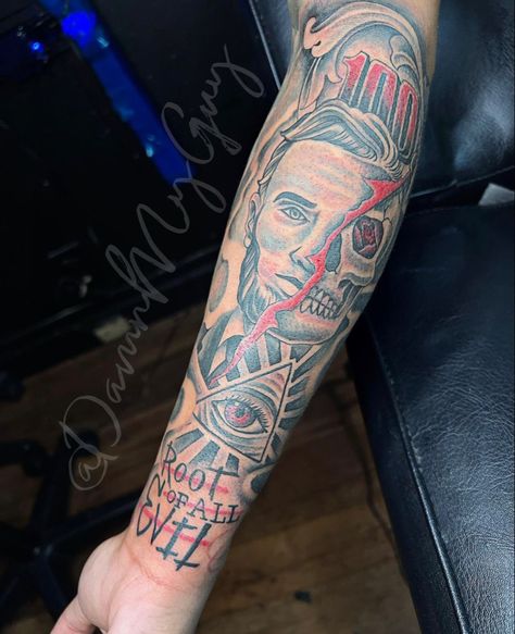 Money Is The Root Of All Evil Tattoo, Cool Half Sleeve Tattoos For Men Ideas, Hard Tattoo Designs, Hood Tattoos For Men Arm, Root Of All Evil Tattoo, Get Rich Or Die Trying Tattoo, Risk Taker Tattoo, Hard Tattoos Men, R.i.p Tattoos For Men