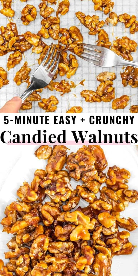 Here's a simple step-by-step candied walnuts recipe you can make with 3 ingredients in 10 minutes.Candied walnuts are a sweet, crunchy, and delicious treat to eat as a snack, candy, or as an addition to desserts or winter salads. 5 Minute Candied Walnut Recipe, Quick Candied Walnut Recipe, Healthy Candied Walnuts Easy, Candied Nuts For Salad, How To Candy Walnuts For Salad, Carmel Walnut Candy, Easy Candied Walnut Recipe, Keto Walnuts Candied, Candies Walnuts Recipe