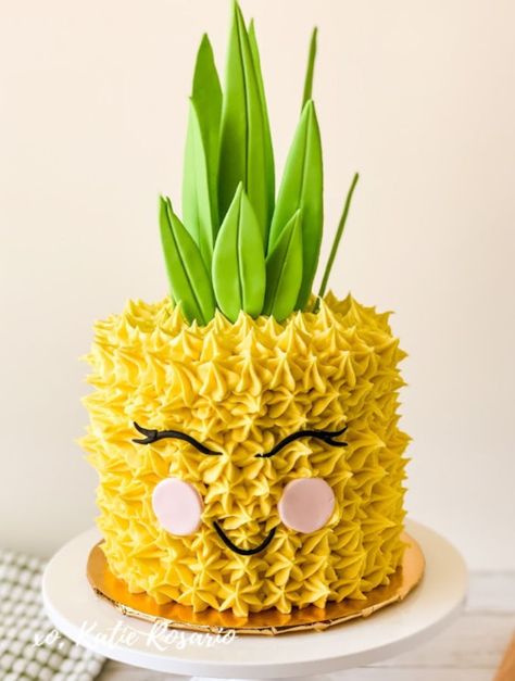 Learn how to make this adorable pineapple cake for beginner bakers! This pineapple cake is beyond cute. It's a fun characterization of a pineapple, almost like a plush toy, but it's a cake! This pineapple cake is great for many occasions like kid's birthday parties, tropical theme parties, or summer entertaining! #xokatierosario #pineapplecake #fondantpineapplecake #cakedecoratingtips #summercakeideas Pineapple Theme Cake, Tropical Smash Cake, Summer Birthday Cake Ideas, Tropical Themed Cake, Birthday Cake 13, Summer Birthday Cake, Layer Cake Filling, Tropical Cake, Beach Cake