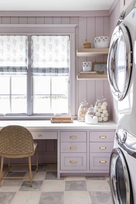 17 Spring Colors to Brighten Your Home All Year Laundry Room With Desk, Lavender Laundry Room, Purple Cabinets, Laundry Craft Rooms, Mindy Gayer Design, Yellow Accent Walls, Lavender Walls, Lavender Laundry, Interior Design Photos